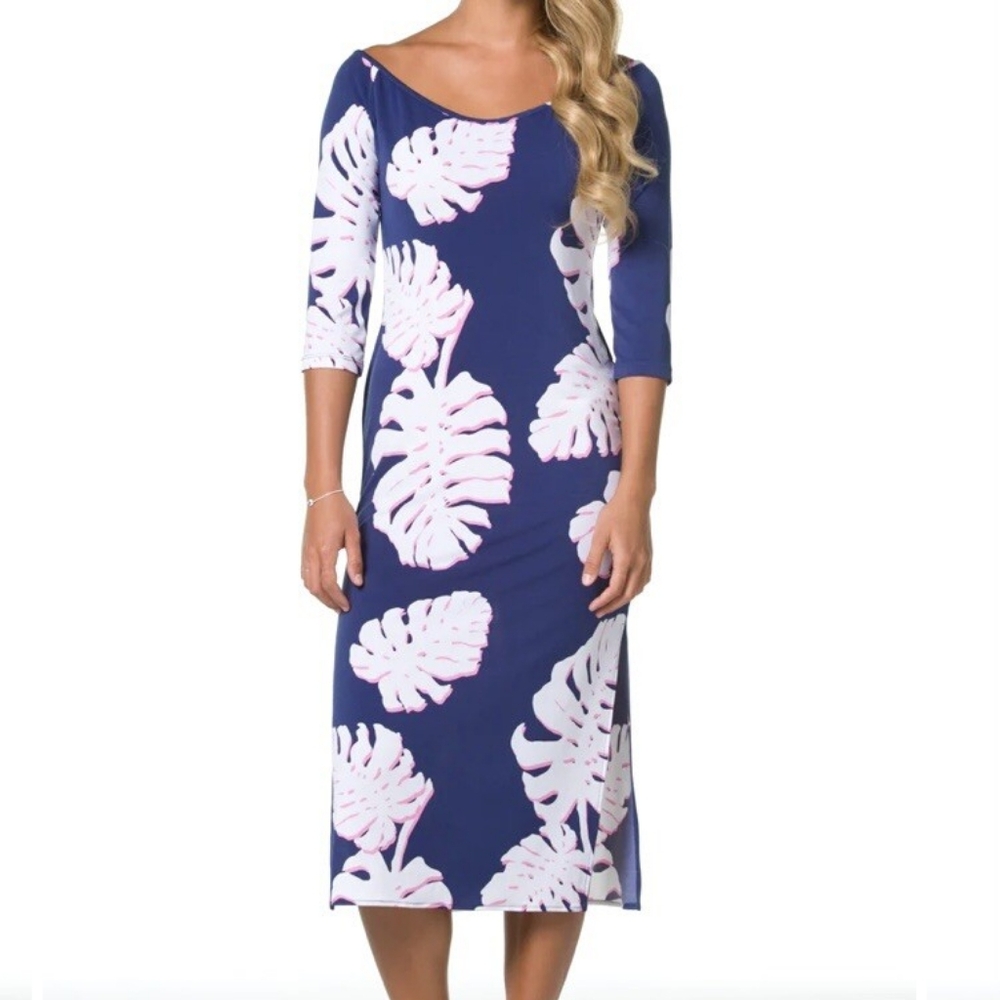 Tori Richards Women's Carol Midi Dress Blue White Tropical Print Size Large